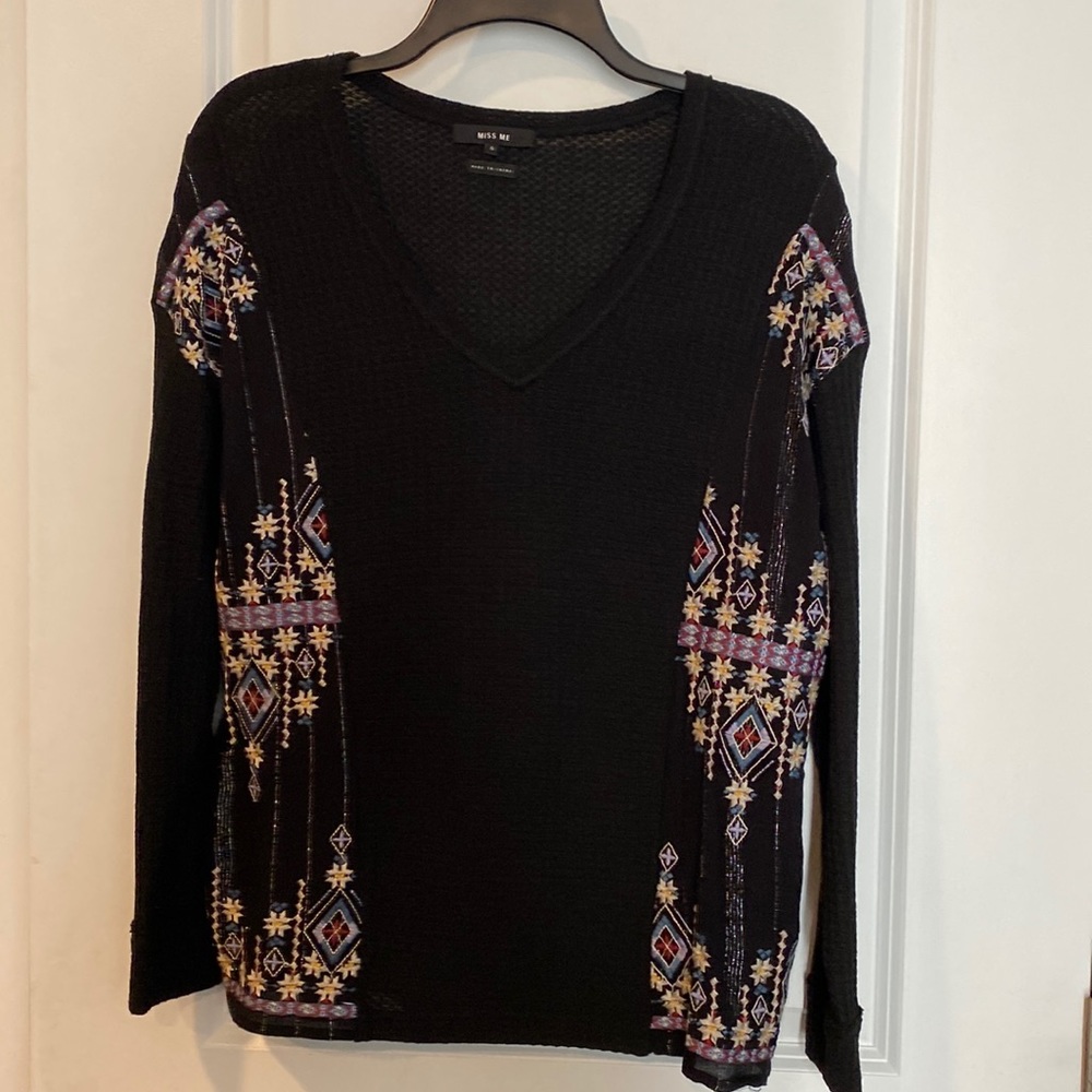 Miss Me Black Embroidered V neck long sleeve with gold thread.